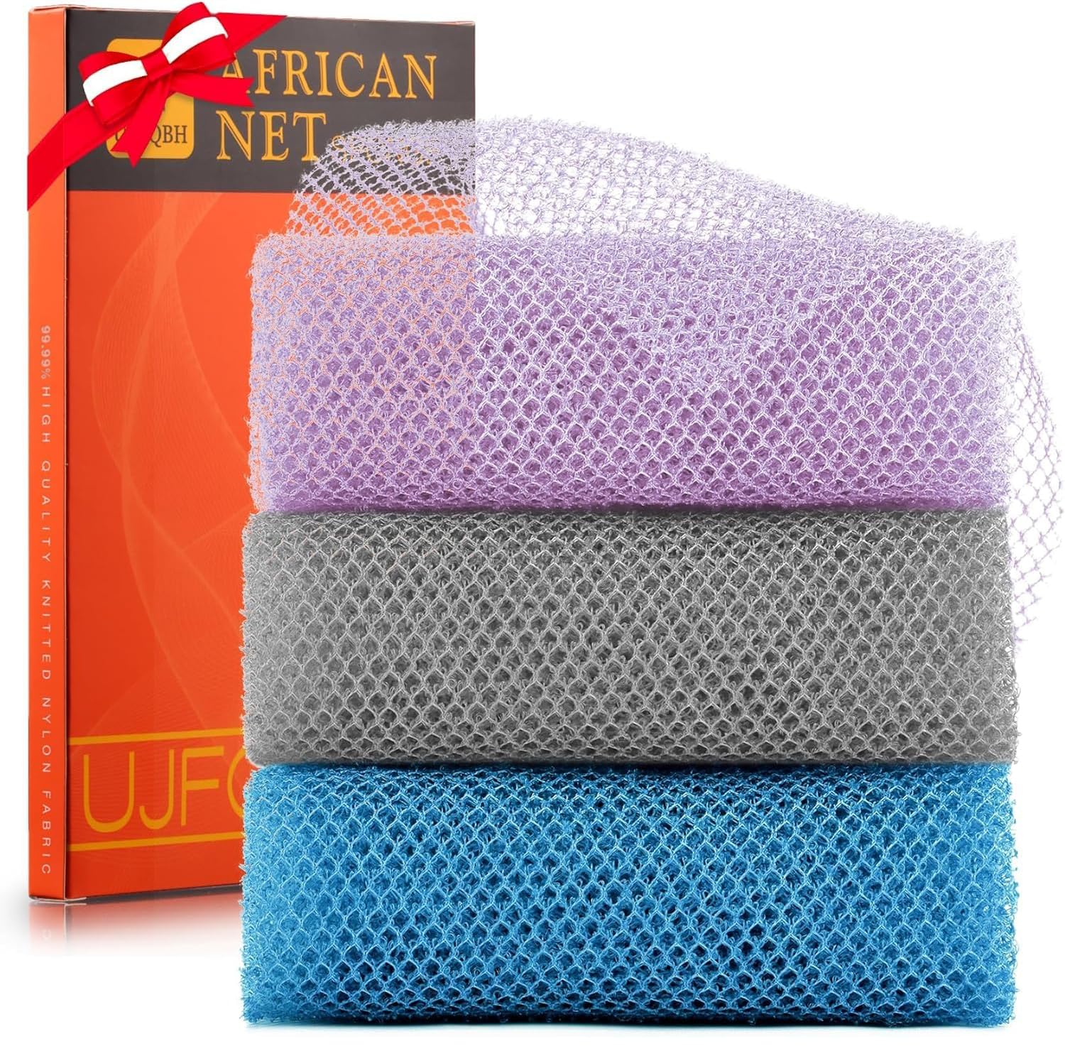 UJFQBH 3 Pieces African Bath Sponge African Net Long Net Bath Sponge Exfoliating Shower Body Scrubber Back Scrubber Skin Smoother,Great for Daily Use (Pink,Yellow,Purple)
